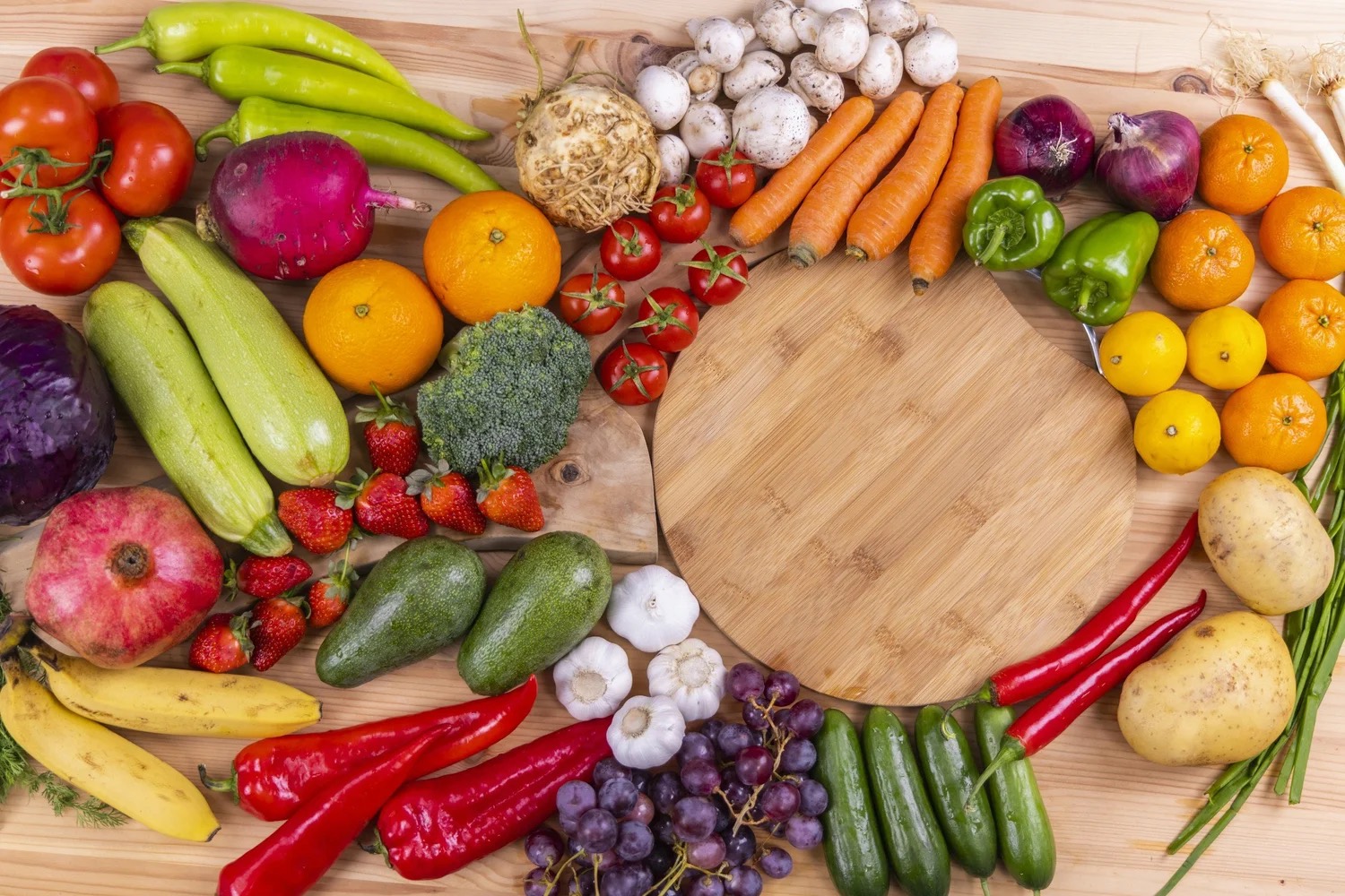 A colorful spread of fresh fruits and vegetables &mdash; the heart of the Nutrition Passport program.